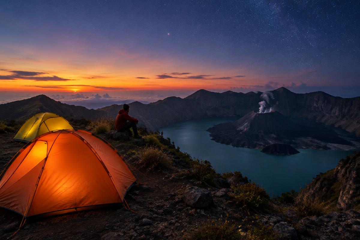 Khemah di rabung kawah gunung ketika senja — gambar hiasan