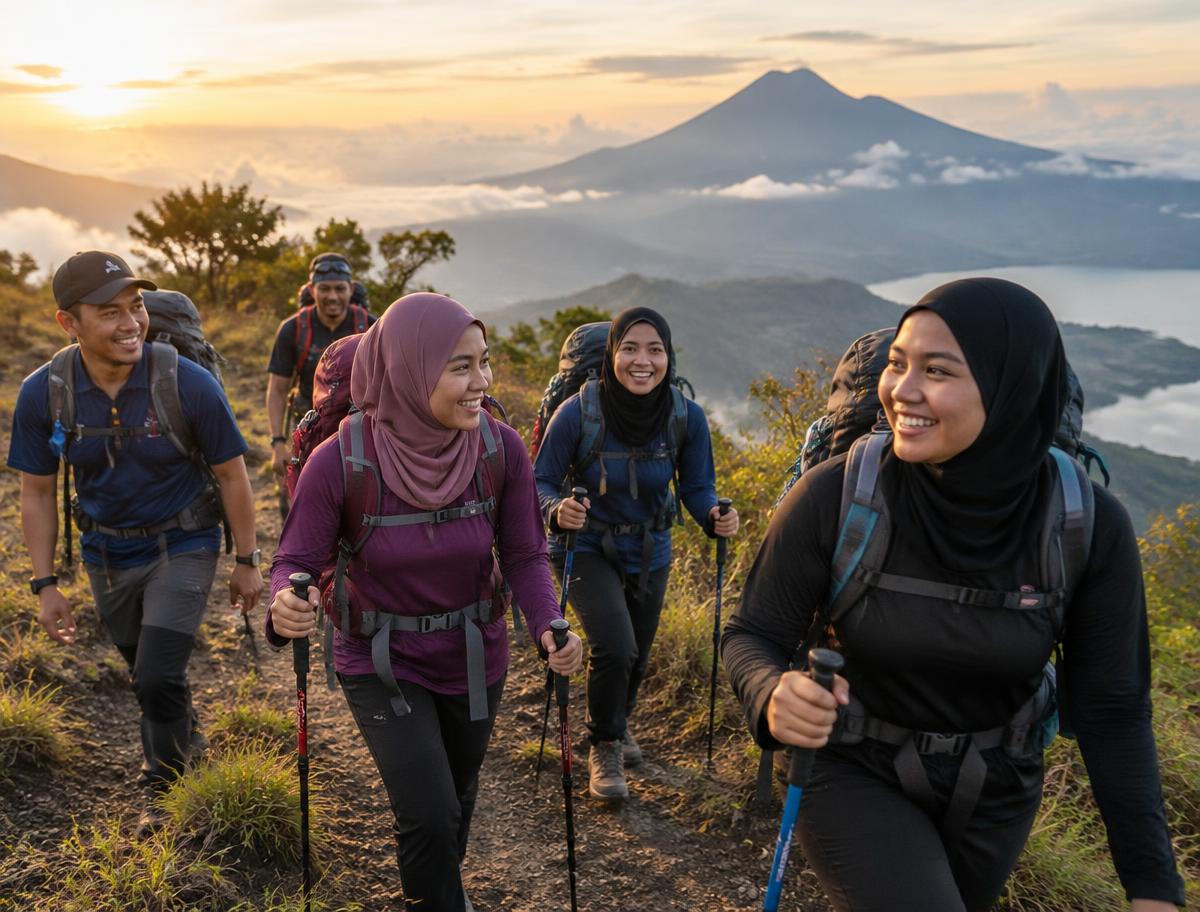 Kumpulan pendaki Malaysia tersenyum ketika mendaki laluan gunung di Indonesia
