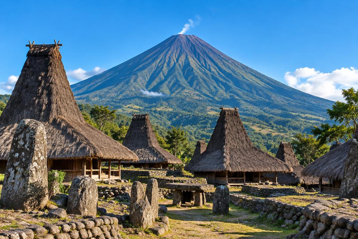 Gunung Inerie berbentuk piramid di belakang rumah adat kampung Bena, Flores
