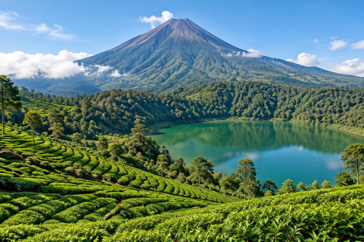 Gunung Kerinci menjulang di atas ladang teh dan tasik hijau di Sumatera