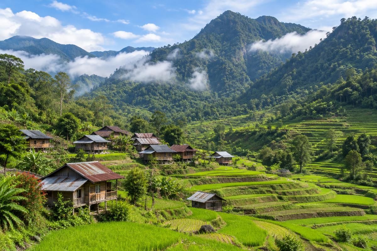 Lembah hijau dengan sawah bertingkat dan rumah kayu di tanah tinggi Sulawesi Selatan