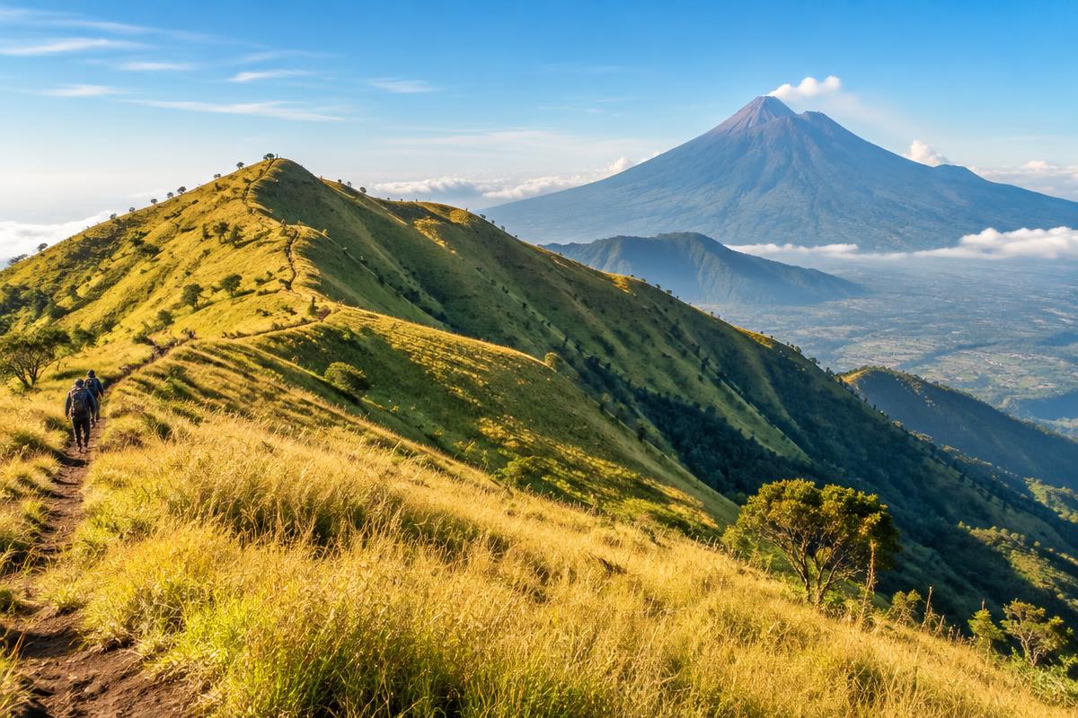 Pendaki menyusuri savana keemasan Gunung Merbabu dengan Gunung Merapi di latar belakang